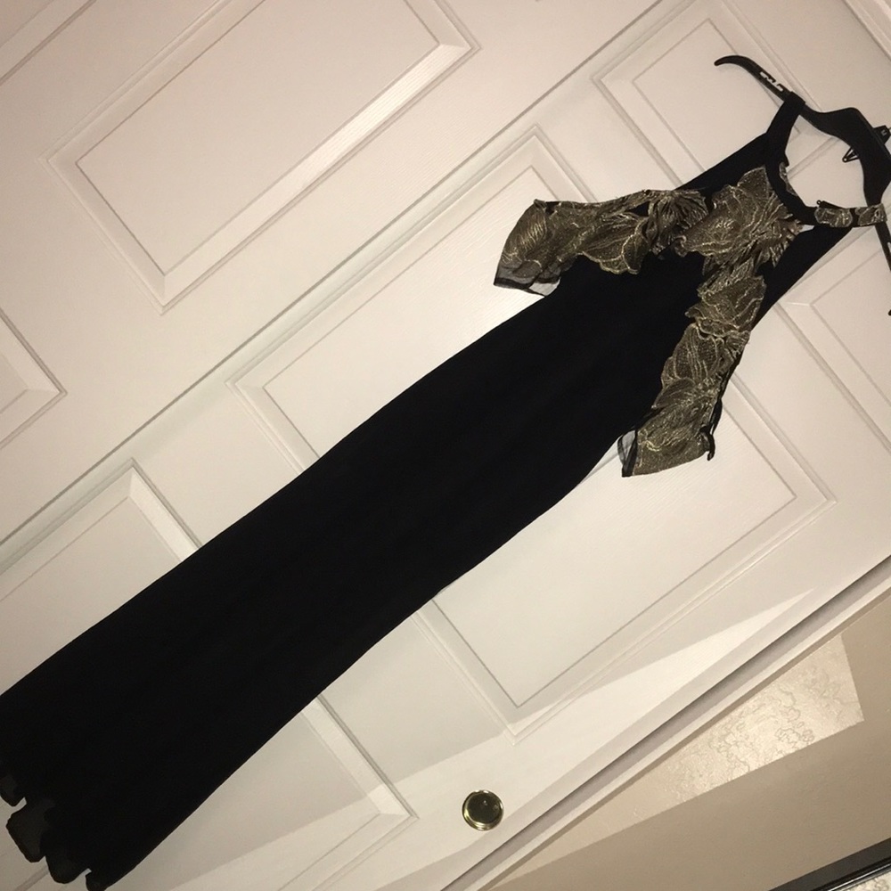 Black and gold shimmer cold shoulder dress